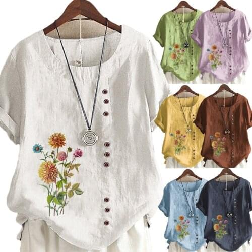 Womens New Summer Floral Print Round Neck Short-sleeved T-shirt Casual Loose Solid Color Shirt Top S-5XL