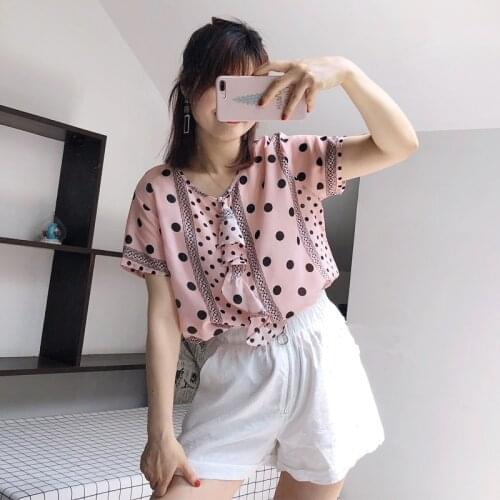 Summer Female Silk Blouse 100% Natural Silk Tops and Blouses Womens V neck short Sleeve Silk Work office Dots Blusas