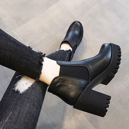 2021Womens Boots British Style Autumn and Winter New Chunky Hee Platform Fashion All-Match Short Boots Fleece-Lined High Heel B