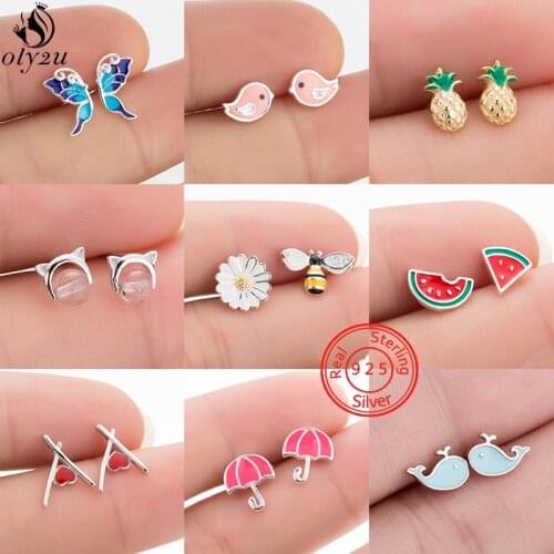 Real 925 Sterling Silver Earrings for Women Children Jewelry Cute Birds Watermelon Bee Cat Stud Earrings S925 Pendientes Mujer