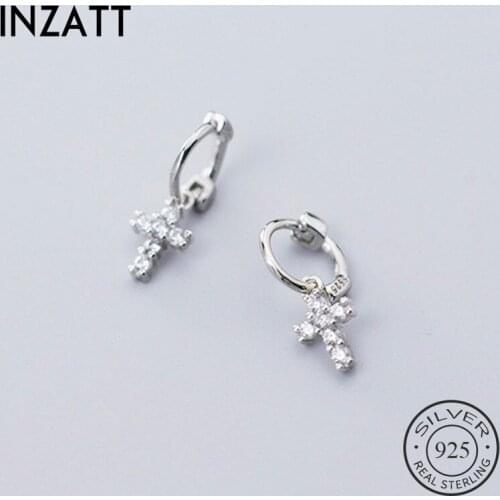 INZATT Real 925 Sterling Silver Zircon Cross Hoop Earrings For Fashion Women Party Fine Jewelry Bohemian Minimalist Accessories