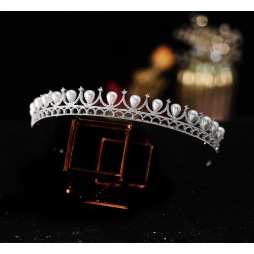Himstory Elegance Full Zircon Shell Pearl Tiara Headband Crown Jewelry Bride Headpiece Wedding Hair Accessories Headbands