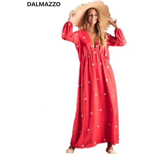 High-end Design Womans Runway Embroidery Boho Hoilday Long Dresses 2019 Newest Women Red V Neck Loose Waist Maxi Long Dress XL