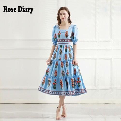 RoseDiary 2021 new Summer French floral blue flower short sleeve dress Office Lady Chic fashion Square Collar high waist dress
