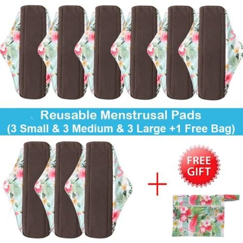 10PCS(3S+4M+3L)Reusable Bamboo Charcoal Pads Sanitary Menstrual Pads Washable Panty Liner Feminine Hygiene Maternity with a Bag