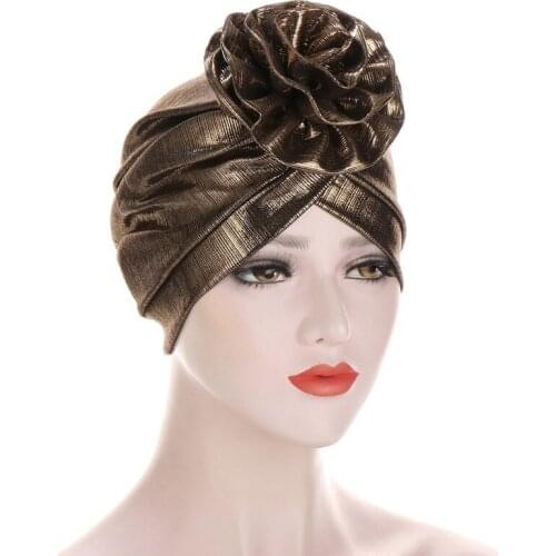 2020 New Big Flower Turban Caps for Women Glitter Headscarf Bonnet Muslim Hat Islamic Headwear clothing Turbante Mujer
