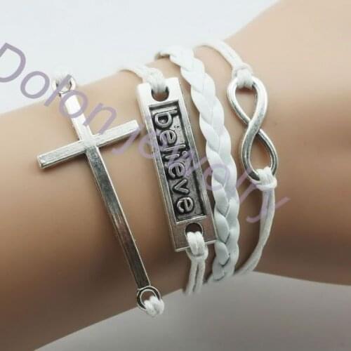 6Colors mix Hot Sale Womens Fashion Vintage believe Infinity Cross Rudder Rectangle Leather Bracelet Multilayer bracelet