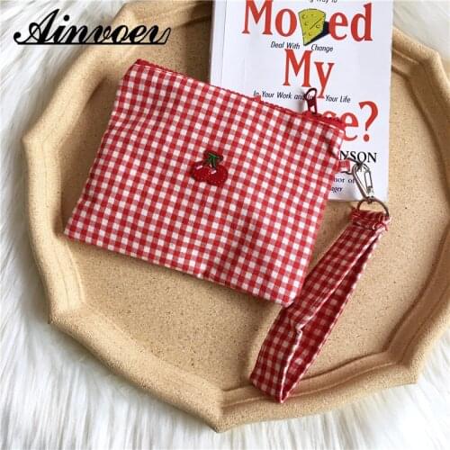 Ainvoev 2020 Should Bags Card Holder Large Capacity Make up bag case Cherry Red Plaid Cotton Fabric String Handbag Women Girls