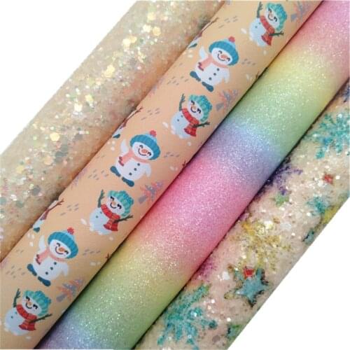 Snowflakes Glitter leather, Pastel Colors Rainbow Glitter Leather, Snowman Printed Faux Leather Sheets For Bow DIY 21x29CM KM774