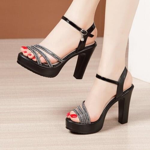 10cm Block Heel Platform Sandals Rhinestone Summer Shoes Woman 2021 Sexy High Heels Sandals Thick Bottom Small Big Size 32-43