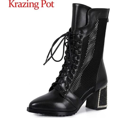 Krazing Pot cow leather pointed toe high heels metal fasteners air mesh high street fashion sexy mature zipper ankle boots L16