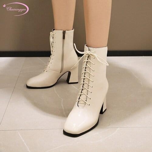 Party style square toe ankle boots lace-up zipper paint beige brown blue black high-heeled chunky riding boots womens shoes