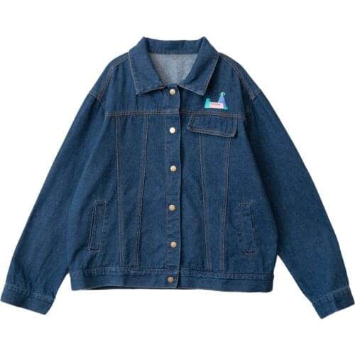 Preppy Style Puppy Embroidered Denim Jacket Autumn New Womens Loose Lapel Long-sleeved Jacket Spring Warm Jacket