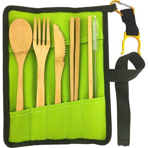 2020 Hot Eco-Friendly wooden Tableware Set 6pcs/setBamboo Cutlery Set Kitchen Utensil With Cloth Bag Travel Reusable Cutlery