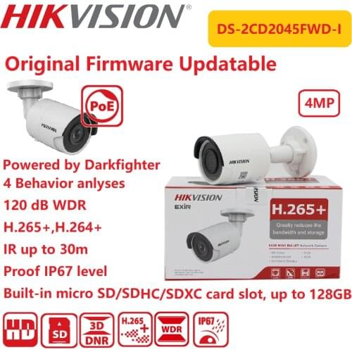 Hikvision IP Camera 4MP DS-2CD2045FWD-I Surveillance IP67 IR WDR Powered-by-DarkFighter Network Camera CCTV Mini Bullet H.265