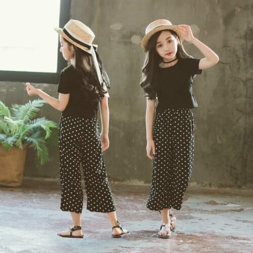Girls Clothing Sets Summer Girls Clothes Suits Black T-shirt+ Dot Pants 2 Pcs Set For Teen Girl 4 6 8 10 12 14 Year