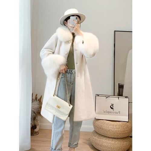 MENINA BONITA Women Winter Jacket Real Granule Sheep Shearing Coat Natural Fox Fur Collar Streetwear Thick Warm Outerwear Casual