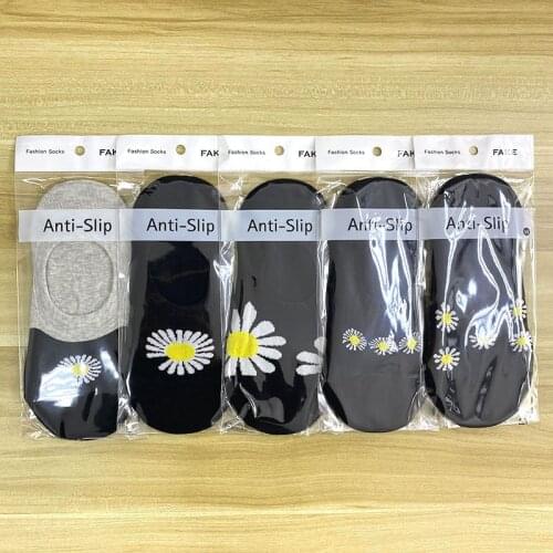 Womens new boat socks black socks small chrysanthemum pattern non-slip socks knitted summer simple ladies socks