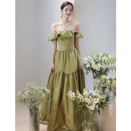 New Ruffles Short Sleeves Fashion Evening Dress Simple Empire A-Line Pleat Boat Neck Floor-Length Woman Formal Party Gowns A1372