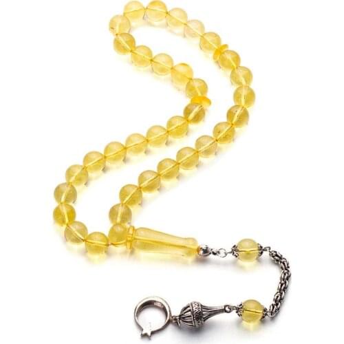 Silver Yellow Amber Gemstone Prayer Rosary Men Sphere Cut Rosary With Silver Tassel Turkish Crescent Star Model Tassel