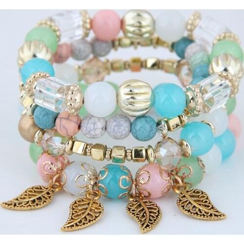 Vintage Bohemia Metal Gold Color Leaves Pendant Bracelets Fashion Opal Glass Beaded Multilayer Beaded Bracelet Jewelry For Women