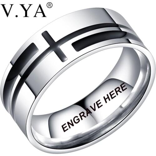 V.YA Silver Color Black Strips Simple Rings For Men Stainless Steel Engraved Rings Size 7-10 Fashion DIY Name Ring For Male Gift