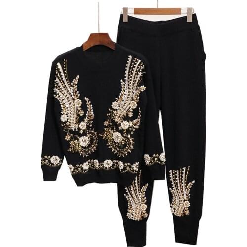 Spring Knitted Two Piece Sets Women Fashion Beaded Sequin Embroidery Sweaters & Trousers Suit Sets Womens Casual Sporting Sets