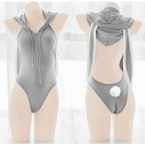 Japanese Cute Girl Gray Bunny Bodysuit Women Sexy Zipper Lingerie Set Rabbit Roleplay Hoodie Fashion Backless Hooded Tops