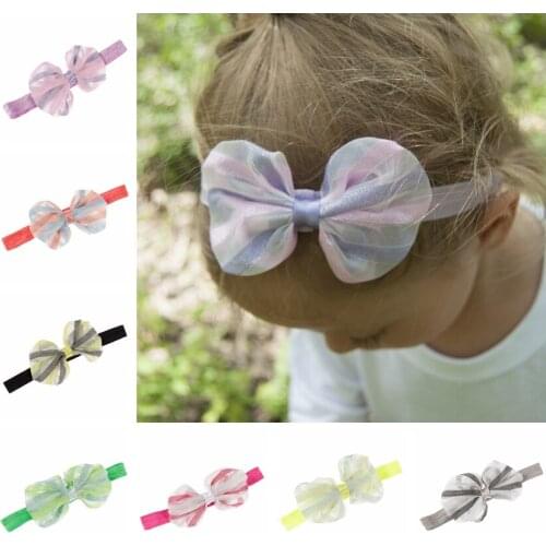 Yundfly Baby Girls Stripe Lace Chiffon Bow Headband Elastic Mesh Soft Children Hair Band Outdoor Fashion Headwear Photo Shoot