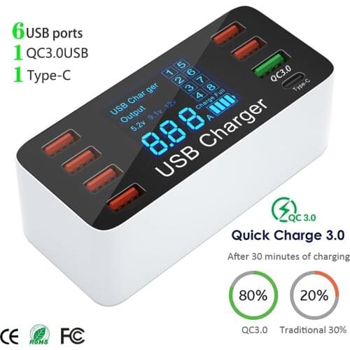 USB Charger 8 Ports Fast Charging QC 3.0 Quick Charge Type C Smart Charger Station For iPhone Xiaomi Huawei LCD Digital Display