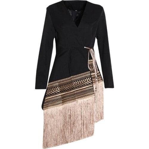 Loose Fit Spliced Contrast Color Tassel Belt Jacket New V-neck Long Sleeve Women Coat Fashion Autumn Winter 2020