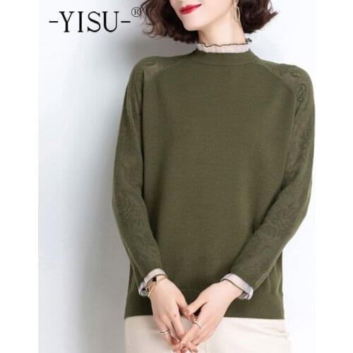 YISU 2021 Spring Women Sweater Lace edge Fashion Knitted pullove Long sleeve Fashion Half turtleneck Female Casual Loose Jumper