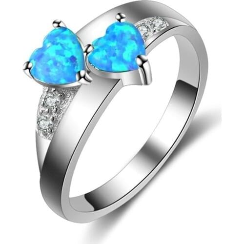Cute Double Heart Design Blue Imitation Fire Opal Ring For Women Accessories Jewelry Ladies Wedding Party Rhinestones Ring Gift