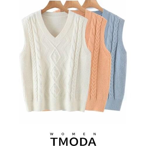 TMODA551 Za Vest Women Solid Loose Trendy Korean Style Sleeveless Knitted V-Neck All-match Female Coats Leisure Outwear Chic