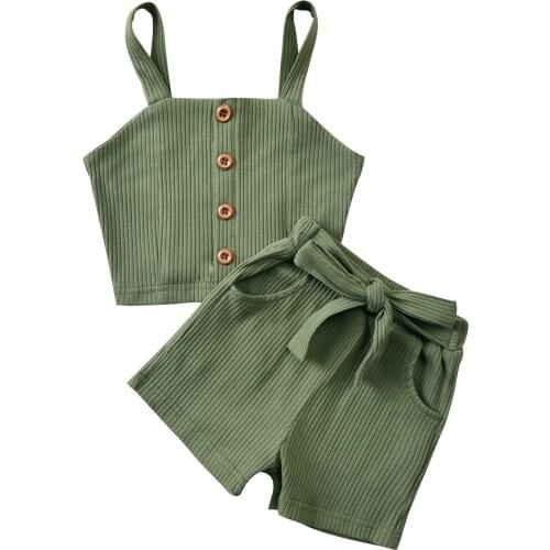 0-5Years Kids Baby Girl Summer Clothes Sets Solid Color Ribbed Cotton 2Pieces Fashion Baby Girl Button Tank Crop Top+Shorts