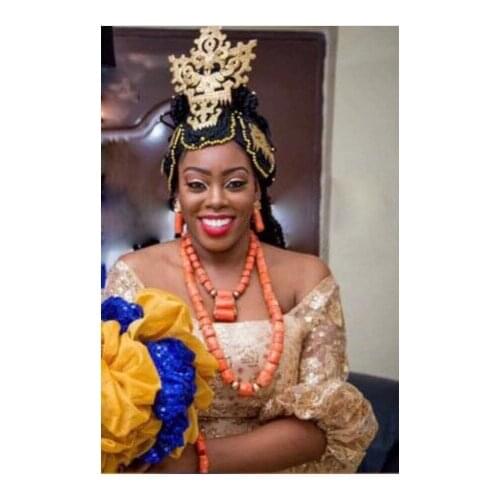 2018 New Big Real Coral Bead Traditional Nigerian Wedding African Coral Beads Jewelry Set Women Statement Jewelry Set ABH798