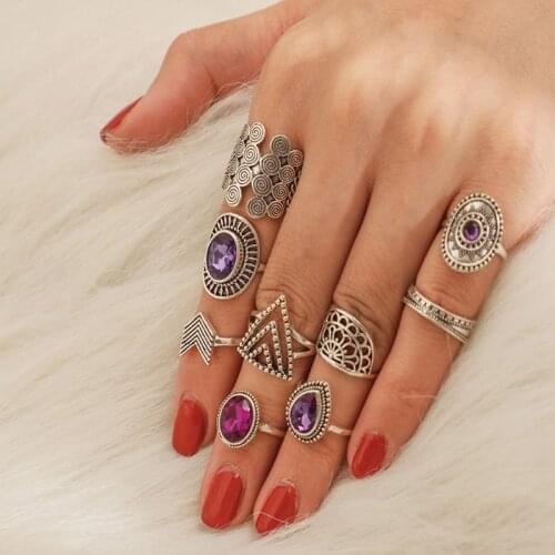 9PCS Vintage Purple Crystals Ring Band Kit Midi Knuckle Finger Ring Set