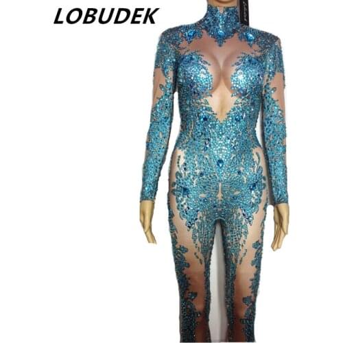 Shining Blue Rhinestones Jumpsuit Female costumes performance DJ DS show sexy Leotard Singer Dancer Nightclub slim stage Costume