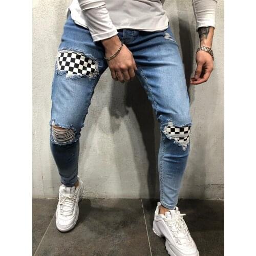 Mens Spring/Fall Plus-Size S-3XL Blue Black Torn Checkerboard Trend Versatile Casual Pants Jeans
