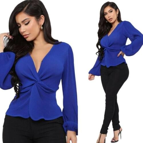 Women Long Sleeves V Neck Twist Together Solid Casual Club Party Tops Shirt