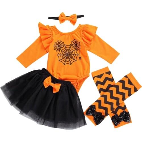 FOCUSNORM 0-24M Baby Girls Halloween Clothes Sets 4pcs Long Sleeve Romper Lace Shorts Leg Warms Headband
