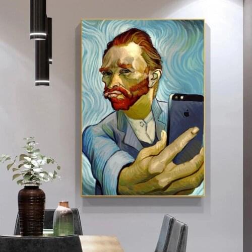 Funny Art People Selfie By Phone Canvas Painting Abstract Portrait of Van Gogh Poster and Print Wall Picture for Home Decoration