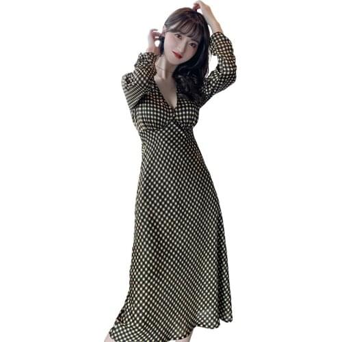 Classic Plaid Vintage Dress Autumn Winter 2020 Long Sleeve Midi Yellow Chiffon Dress Woman A Line French Style Ladies Dresses