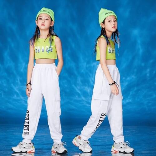 Jazz Dance Costumes For Kids Neon Green Vest White Long Pants Modern Street Dance Practice Costumes Girls Hip Hop Clothes VO1223