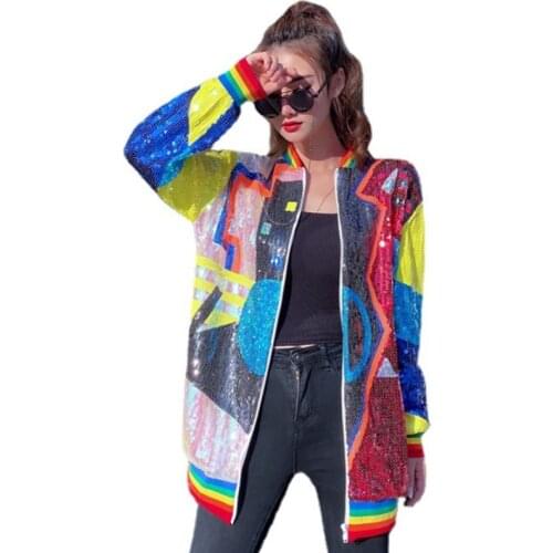 QING MO Loose Fit Women Colorful Sequin Jacket 2021 Spring Autumn Women Patchwork Color Jacket Female Casual Jacket ZQY6726