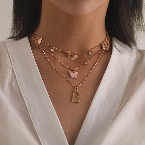 Multi-layer Trendy Gold Silver Color Lock Pendant Beads Necklace For Women Personality Double Crystal Butterfly Choker Necklace