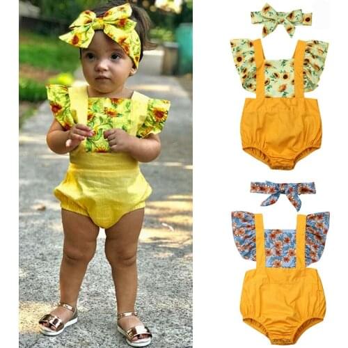 0-24M Infant Baby Girl Outfit Bodysuit Headband Clothes Set Ruffles Short Sleeve Flowers Print Jumpsuits Clothes