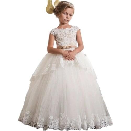New Flower Girls Dresses High Quality Lace Appliques Beading Ball Gowns Beading Floor Length Pageant First Communion Dresses