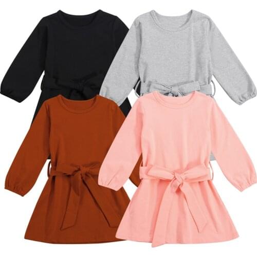 Girls Casual Dress 2-7Y Fashion Princess Dresses Girls Solid Long Sleeve Belt A-line Dress Costumes Outfits Baby Girls Vestidos