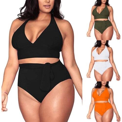Split 4XL Large Size Strap Sexy Bikini Multi-rope Deep V High Waist Solid Color Swimsuit Women